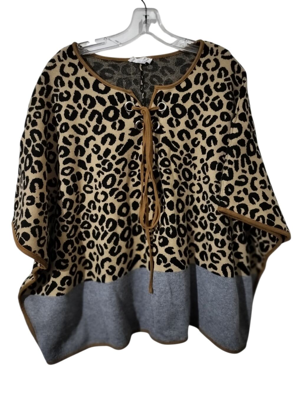 6046) Anthropologie THML Leopard Print Lace Up Poncho Sweater M/L